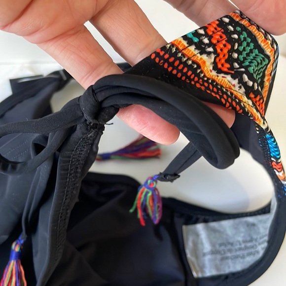 NWT black string rainbow Aztec print side tassel tie full back swim bikini bot 8 - Picture 8 of 14
